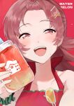  1girl absurdres apron bangs_pinned_back deibadoo drink hair_ornament highres holding holding_drink idolmaster idolmaster_shiny_colors komiya_kaho long_hair open_mouth red_apron red_eyes red_hair scrunchie smile solo wrist_scrunchie x_hair_ornament 