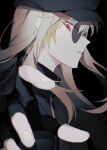 1boy 1other androgynous black_background black_gloves black_headwear blonde_hair cabbie_hat euncheog fingerless_gloves gloves hat highres hunter_x_hunter kurapika long_hair long_sleeves looking_at_viewer profile red_eyes short_hair simple_background solo upper_body 