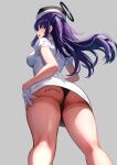  1girl absurdres ass awnw black_headwear black_panties blue_archive blush breasts dress from_below gloves grey_background halo hat highres long_hair mechanical_halo medium_breasts open_mouth panties purple_eyes purple_hair short_sleeves simple_background solo twitter_username underwear white_dress white_gloves yuuka_(blue_archive) 