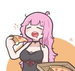  1girl black_choker black_nightgown breasts choker closed_eyes collarbone eating food holding holding_food holding_pizza hololive hololive_english large_breasts long_hair messy_hair mori_calliope mori_calliope_(6th_costume) nightgown official_alternate_costume official_alternate_hairstyle open_mouth pink_hair pizza pizza_box simple_background skull_choker teeth underdatv upper_teeth_only virtual_youtuber 