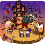  4girls alternate_costume aqua_hair black_cape black_hair black_headwear brown_hair cake cape checkerboard_cookie chibi chocolate closed_eyes coffin cookie demon_girl food green_eyes halloween hat highres jack-o&#039;-lantern kantai_collection kumano_(kancolle) long_hair mikuma_(kancolle) mini_person minigirl mogami_(kancolle) multiple_girls pumpkin short_hair sitting suzuya_(kancolle) teramoto_kaoru twintails vampire_costume witch_hat 