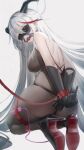 1girl absurdres aegir_(azur_lane) azur_lane backless_outfit ball_gag blindfold bodystocking bound bound_arms bound_legs demon_horns from_behind gag hair_on_horn high_heels highres horns kneeling lin_jingling long_hair looking_at_viewer looking_back middle_finger multicolored_hair red_hair remote_control_vibrator restrained rope sex_toy streaked_hair thong underwear vibrator white_hair yellow_eyes 