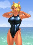  2023 abs absurd_res anthro antlers big_breasts black_clothing black_one-piece_swimsuit black_swimwear blonde_hair breasts brown_body buckteeth buffbumblebee camel_toe clothing cloud deer deltarune doe_with_antlers eyebrow_through_hair eyebrows female freckles hair hands_behind hands_behind_head hi_res horn mammal muscular muscular_anthro muscular_female muscular_thighs new_world_deer nipple_outline noelle_holiday one-piece_swimsuit outside reindeer scut_tail sea short_tail sky solo swimwear tail teeth tight_clothing translucent translucent_hair undertale_(series) water 