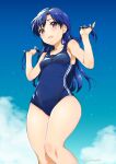  1girl blue_hair blue_one-piece_swimsuit blue_sky blush breasts cloud competition_swimsuit covered_navel day feet_out_of_frame from_below highres holding holding_hair idolmaster idolmaster_(classic) inoue_sora kisaragi_chihaya long_hair looking_at_viewer one-piece_swimsuit open_mouth outdoors purple_eyes sketch sky small_breasts solo swimsuit 