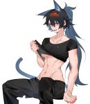  1girl :d absurdres alternate_costume alternate_hairstyle animal_ear_fluff animal_ears arknights black_hair black_pants black_shirt blaze_(arknights) blue_eyes breasts cat_ears cat_tail commentary_request crop_top feet_out_of_frame hair_between_eyes hairband highres large_breasts long_hair looking_at_viewer midriff molu_stranger navel open_mouth pants red_hairband shirt short_sleeves sitting smile solo stomach tail very_long_hair 