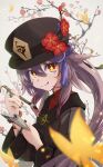  1girl :p black_coat black_headwear black_nails blurry brown_hair calligraphy_brush closed_mouth coat depth_of_field flower flower-shaped_pupils genshin_impact goemon_cc2 hair_between_eyes hat hat_flower hat_tassel highres holding holding_brush holding_notebook hu_tao_(genshin_impact) jewelry long_hair long_sleeves looking_at_viewer multiple_rings notebook orange_eyes paintbrush ring solo symbol-shaped_pupils tongue tongue_out twintails upper_body white_background 