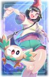  1girl bag beanie black_hair blue_eyes from_below green_shorts hat highres looking_at_viewer medium_hair navel one_eye_closed open_mouth pokemon pokemon_(creature) pokemon_(game) pokemon_sm red_headwear rowlet selene_(pokemon) shirt short_shorts short_sleeves shorts shoulder_bag teeth upper_teeth_only white_shirt yasu_suupatenin 