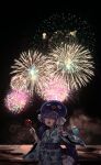  1girl aerial_fireworks ahoge alternate_costume backlighting bag blue_eyes blue_hair blue_kimono blurry blush candy_apple commentary_request cowboy_shot depth_of_field dokusanchu eel_hat fang fireworks floral_print food hair_ribbon half-closed_eyes hands_up highres holding holding_food japanese_clothes kimono lace long_hair looking_at_viewer low_twintails night obi obijime open_mouth otomachi_una outdoors outstretched_hand print_kimono ribbon sash shoulder_bag skin_fang smile solo twintails v very_long_hair vocaloid water_yoyo white_ribbon wide_sleeves 