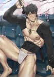  1boy absurdres black_hair blurry blurry_background cherry_blossoms closed_mouth covered_abs covered_penis doudanuki_masakuni falling_petals foot_out_of_frame fundoshi highres holding holding_sword holding_weapon japanese_clothes light_frown muscular muscular_male nipples paid_reward_available pectorals petals short_hair solo suyohara sword touken_ranbu variant_set weapon yellow_eyes 