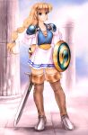  1girl aqueduct armor artist_request blonde_hair blue_eyes boots braid breasts brown_thighhighs long_hair medium_breasts non-web_source shield shoulder_armor skirt solo sophitia_alexandra soulcalibur sword thighhighs warrior weapon 