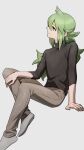  1boy absurdres aqua_eyes arm_support brown_pants closed_mouth commentary_request cowlick from_side green_hair grey_socks highres invisible_chair long_hair male_focus n_(pokemon) nagiru pants pokemon pokemon_(game) pokemon_bw shirt sitting sleeves_past_elbows smile socks solo 