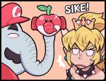  !? 1boy 1girl ^^^ apple ayyk92 bare_shoulders blonde_hair blue_eyes bowsette cabbie_hat collar collarbone constricted_pupils crown dress earrings elephant_fruit elephant_mario facial_hair fang food fruit hair_between_eyes hat holding holding_food holding_fruit horns jewelry mario_(series) mustache off-shoulder_dress off_shoulder open_mouth orange_background pointy_ears red_apple red_headwear spiked_collar spikes super_crown super_mario_bros._wonder surprised 