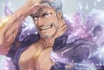  1boy arm_fins bara beard_stubble blurry collared_shirt dagon_(housamo) dark-skinned_male dark_skin facial_hair fins fish_boy gills gold_necklace grey_background grey_hair hand_on_own_head jewelry large_pectorals long_sideburns looking_at_viewer male_focus mature_male muscular muscular_male mustache_stubble necklace open_clothes open_shirt pectorals purple_eyes purple_shirt sharp_teeth shirt short_hair sideburns smile solo sumi_wo_hakuneko teeth tentacles thick_eyebrows tokyo_afterschool_summoners twitter_username upper_body veins veiny_arms wet 