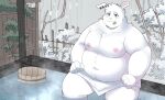  2023 anthro bulge detailed_background hi_res kemono lagomorph leporid male mammal moobs my_wet_muffin overweight overweight_male plant rabbit sitting solo steam towel tree water white_body 