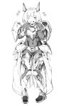  1girl arm_up armor armored_bodysuit armored_boots armored_skirt blush boots breastplate floating floating_object full_body goddess_of_victory:_nikke greyscale hand_on_own_face headgear highres hip_armor laughing leg_armor looking_at_viewer monochrome noah_(nikke) one_eye_closed pauldrons pointing pointing_at_viewer short_hair shoulder_armor simple_background smug solo sparkle_hair_ornament standing utsuke_(u_tuk_e) white_background 