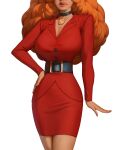  1girl absurdres belt big_hair black_belt breasts choker cleavage curly_hair hand_on_own_hip head_out_of_frame highres jacket large_breasts office_lady orange_hair pavel_hristov pencil_skirt powerpuff_girls red_jacket red_skirt sara_bellum skirt solo 