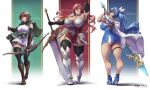  3girls armor artist_logo ass back_cutout blue_hair bow breasts character_name cleavage cleavage_cutout clothing_cutout commission fantasy hair_ribbon highres holding holding_weapon huge_breasts long_hair multiple_girls original packge pixiv_commission polearm red_hair ribbon spear tall_female thick_thighs thighs warrior weapon wide_hips zettai_ryouiki 