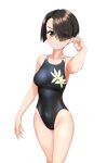  1girl absurdres black_hair black_one-piece_swimsuit blurry blurry_background bob_cut breasts commentary_request competition_swimsuit covered_navel cowboy_shot floral_print girls_und_panzer green_eyes hair_over_one_eye highres inverted_bob medium_breasts multicolored_clothes multicolored_swimsuit one-piece_swimsuit short_hair simple_background solo swimsuit takafumi vanilla_(girls_und_panzer) variant_set white_background 