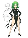  1boy 1girl bald bam.g black_dress breasts covered_navel dress flipped_hair full_body green_eyes green_hair hands_on_own_hips high_heels highres one-punch_man saitama_(one-punch_man) short_hair side_slit simple_background small_breasts tatsumaki white_background 