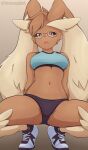  anthro big_ears black_sclera bottomwear bra breasts brown_body brown_fur clothing crouching eyewear female footwear fur generation_4_pokemon glasses hi_res hotpants lagomorph long_ears lopunny mammal midriff nintendo open_mouth pokemon pokemon_(species) shoes shorts sneakers solo sports_bra underwear yorusagi 