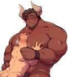  abs anthro barazoku between_pecs beverage biceps big_pecs blush bodily_fluids bovid bovine brown_body brown_hair bubble_tea canid canine canis cattle digital_media_(artwork) domestic_dog duo face_on_chest facial_hair fur hair hi_res holding_partner horn looking_at_another male male/male mammal muscular muscular_anthro muscular_male nipples nude pecs pubes ryder_(seintaur) seintaur size_difference tan_body tan_fur wristband 