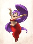  1girl absurdres belly_dancing blue_eyes bracer breasts choker cleavage dark-skinned_female dark_skin earrings harem_pants highres hoop_earrings ironlily jewelry long_hair looking_at_viewer navel pants pointy_ears ponytail purple_hair shantae shantae_(series) solo tiara very_long_hair 