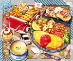  blueberry broccoli cherry chocolate_syrup cup dated egg_(food) food food_focus fruit heart ice_cream lemon lemon_slice no_humans omelet omurice original pancake pie plate powdered_sugar pudding sausage shunkashuntou spoon still_life strawberry strawberry_slice toy_truck twitter_username 