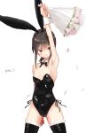  1girl animal_ears arm_up armpits ass_visible_through_thighs bare_shoulders black_bow black_bowtie blush bouquet bow bowtie breasts brown_hair cleavage commentary_request cowboy_shot detached_collar detached_sleeves fake_animal_ears falling_petals flower fubuki_(kancolle) grey_eyes hair_between_eyes hairband highleg highres kantai_collection low_ponytail one-hour_drawing_challenge petals playboy_bunny rabbit_ears sidelocks simple_background small_breasts smile solo standing tetsukuzu_(yajirushi_shita) thighhighs twitter_username white_background wing_collar 