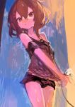  1girl absurdres black_dress brown_eyes brown_hair closed_mouth cowboy_shot dress hair_between_eyes highres holding holding_shower_head ikazuchi_(kancolle) kaamin_(mariarose753) kantai_collection short_hair short_sleeves shower_head smile solo wet 