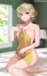  1girl barefoot blonde_hair breasts chocojax citrinne_(fire_emblem) commentary_request completely_nude covering fire_emblem fire_emblem_engage highres indoors looking_at_viewer medium_breasts nail_polish nude red_eyes red_nails short_hair smile solo thighs 