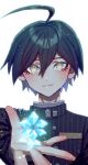 1boy ahoge black_hair black_jacket brown_eyes buttons closed_mouth danganronpa_(series) danganronpa_v3:_killing_harmony double-breasted esu_(tasoesu) floating floating_object hair_between_eyes highres jacket long_sleeves looking_at_viewer male_focus saihara_shuichi short_hair simple_background smile striped striped_jacket upper_body white_background 