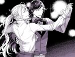  2boys belt black_background blurry bokeh bow bowtie bungou_to_alchemist dancing depth_of_field dress_shirt frilled_sleeves frills greyscale hair_between_eyes hair_ornament hair_stick hand_on_another&#039;s_back holding_hands light_blush long_hair long_sleeves looking_to_the_side male_focus monochrome multiple_boys nagai_kafuu_(bungou_to_alchemist) pants parted_lips ponytail profile shirt smile swept_bangs tanizaki_junichirou_(bungou_to_alchemist) traditional_bowtie upper_body vest yueno 