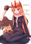  1girl 2023 alien bird blonde_hair blush brown_eyes cat crown dated dress headgear highres kyo_k looking_at_viewer pet queen queen_millennia science_fiction shin_taketori_monogatari_sennen_joou signature sitting sketch translation_request wariza yukino_yayoi 