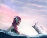  1girl absurdres breasts day fins head_fins highres long_hair medium_breasts mermaid monster_girl original outdoors purple_hair solo upper_body water whale yido_(yidoarts) 