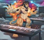  2020 4_toes 5_fingers abs adios alcander_(wakatanka4) anthro beard black_beard blue_light bottomwear chest_tattoo chest_tuft claws clothing concert facial_hair feet felid finger_claws fingers fur hand_tattoo hi_res keyboard_instrument legband lion male mammal multicolored_bottomwear multicolored_clothing musical_instrument orange_body orange_eyes orange_fur pantherine pawpads piano pubes shoeless solo sparks speaker strobe_lights tail_flame tattoo toe_claws toes tuft underwear 