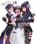  !? 3girls :d ;o @_@ b9-n3 black_choker black_gloves black_hair blunt_bangs blush breasts choker crop_top cropped_jacket fang fingerless_gloves fingernails gloves hat hayami_kanade highres holding_hands idolmaster idolmaster_cinderella_girls idolmaster_cinderella_girls_starlight_stage juliet_sleeves lipstick_mark_on_face long_hair long_sleeves looking_at_viewer loose_necktie maid medium_breasts mini_hat multicolored_hair multiple_girls nail_polish navel necktie nose_blush one_eye_closed parted_bangs puffy_sleeves purple_hair shibuya_rin shirayuki_chiyo signature simple_background small_breasts smile straight_hair streaked_hair sweatdrop tears translation_request very_long_hair wavy_mouth white_background yuri 