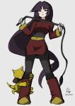  1girl abra absurdres black_bodysuit black_hair bodysuit crop_top gloves highres holding holding_whip ida_(idalol490) long_hair long_sleeves looking_at_viewer pokemon pokemon_(creature) pokemon_(game) pokemon_rgby red_skirt sabrina_(pokemon) side_slit skirt twitter_username very_long_hair whip white_background white_gloves 