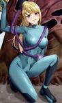 1girl absurdres amayo_thranana blonde_hair blue_bodysuit bodysuit breasts clenched_teeth covered_navel full_body green_eyes high_ponytail highres holding large_breasts long_hair looking_at_viewer metroid mole mole_under_mouth on_one_knee samus_aran skin_tight solo teeth tentacles v-shaped_eyebrows very_long_hair zero_suit 