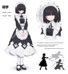  1girl absurdres ac8231 apron black_hair bob_cut chain character_profile commentary_request dress english_text facial_tattoo hair_over_eyes highres long_bangs maid maid_apron maid_headdress medium_dress original roman_numeral sleeves_past_wrists tattoo typo 