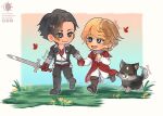  2boys aged_down black_hair blonde_hair blue_eyes boots brothers chibi child clive_rosfield dog final_fantasy final_fantasy_xvi gloves grass highres holding holding_hands holding_sword holding_weapon honnii joshua_rosfield male_focus multiple_boys puppy red_gloves siblings smile sword torgal_(ff16) weapon wolf 