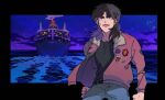  1boy black_border black_eyes black_hair black_shirt blue_pants bomber_jacket border brown_jacket commentary_request cowboy_shot cruise_ship inudori itou_kaiji jacket kaiji long_hair long_sleeves male_focus medium_bangs ocean open_mouth outside_border pants parted_bangs patch purple_sky shirt sky solo teeth upper_teeth_only water 