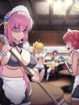  5girls ass bar_(place) beer_mug bikini black_skirt blonde_hair blue_eyes blue_hair blurry blurry_background bocchi_the_rock! breast_press breasts clipboard cube_hair_ornament cup gotoh_hitori hair_ornament highres hiroi_kikuri holding holding_clipboard holding_cup ijichi_nijika indoors kita_ikuyo large_breasts long_hair maid maid_bikini maid_headdress medium_hair mug multiple_girls one_side_up pink_hair purple_hair red_hair side_ponytail skirt swimsuit table unconventional_maid yamada_ryo yzr_(yzr99) 