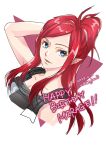  1girl alternate_hair_color arm_behind_head artist_name black_dress blue_eyes breasts character_name cleavage collarbone dated dress english_commentary hair_behind_ear happy_birthday highres ichigo_jam macross macross_delta mirage_farina_jenius parted_lips pointy_ears portrait red_hair smile solo 