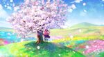  1girl blue_sky cherry_blossoms cloud day falling_petals field floating_hair flower flower_field fukube hair_ribbon highres jouizumi_masamune long_hair mountainous_horizon official_art outdoors petals red_hair ribbon scenery sky solo tenka_hyakken thighhighs waist_cape 