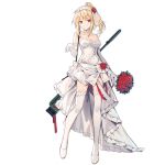  1girl bare_shoulders blonde_hair bouquet breasts choker cleavage closed_mouth collarbone dress elbow_gloves flower full_body girls&#039;_frontline gloves hair_flower hair_ornament hairband holding holding_bouquet huanxiang_heitu long_hair looking_at_viewer medium_breasts official_alternate_costume official_art ponytail red_eyes red_flower red_rose rose smile solo standing sv-98 sv-98_(girls&#039;_frontline) sv-98_(pierce_your_heart!)_(girls&#039;_frontline) thighhighs transparent_background weapon weapon_on_back wedding_dress white_choker white_footwear white_gloves white_thighhighs 