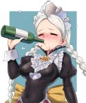  absurdres ahoge blush bottle braid breasts brooch closed_eyes commission commissioner_upload cosplay crystal_earrings drunk earrings fire_emblem fire_emblem_fates fire_emblem_heroes highres igni_tion jewelry kagero_(fire_emblem) kagero_(fire_emblem)_(cosplay) long_hair low_twin_braids maid maid_headdress medium_breasts nina_(fire_emblem) non-web_source parted_bangs red_wine twin_braids white_hair wine_bottle 