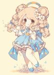  1girl back_bow blonde_hair blue_bow blue_dress blue_footwear blue_ribbon blush blush_stickers bow bow_skirt braid bug butterfly chibi clenched_hand collared_shirt commission double_bun dress english_commentary eyelashes falling_petals floral_print flower flower_bed frilled_dress frilled_shirt_collar frilled_sleeves frills grass green_eyes hair_bow hair_bun hair_flower hair_ornament lemon_print light_smile littlebluemuffin long_hair long_sleeves looking_at_viewer mary_janes neck_ribbon open_mouth original outstretched_hand painttool_sai_(medium) petals puffy_long_sleeves puffy_sleeves ribbon shadow shirt shoes short_dress sleeveless sleeveless_dress thighhighs twin_braids twintails white_flower white_shirt white_thighhighs yellow_background 