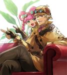  1boy 1girl :d ace_attorney belt blonde_hair blue_eyes bow bow-shaped_hair brown_belt brown_coat brown_gloves brown_headwear brown_pants coat crossed_legs deerstalker detective drill_hair eyewear_on_head eyewear_on_headwear fingerless_gloves fon-due_(fonfon) frilled_gloves frills gloves goggles goggles_on_head goggles_on_headwear green_eyes hair_rings hat herlock_sholmes index_finger_raised iris_wilson long_hair long_sleeves looking_at_viewer neck_ribbon open_mouth pants pink_hair pink_ribbon ribbon shirt short_hair sitting smile the_great_ace_attorney white_shirt yellow_bow 