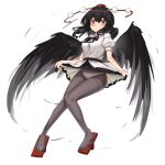  1girl aiza-ku black_bow black_bowtie black_hair black_pantyhose black_skirt black_wings blush bow bowtie breasts closed_mouth clothes_lift collared_shirt dress_shirt feathered_wings frilled_skirt frills from_below hair_between_eyes hat lifted_by_self looking_at_viewer medium_breasts medium_hair orange_eyes panties pantyhose pom_pom_(clothes) puffy_short_sleeves puffy_sleeves red_footwear red_headwear red_tassel shameimaru_aya shirt short_sleeves simple_background skirt skirt_lift smile solo tokin_hat touhou underwear white_background white_panties white_shirt wings 
