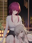  2girls alternate_costume bare_shoulders black_bra black_skirt bra breasts cleavage grey_hair hand_on_another&#039;s_head head_on_another&#039;s_leg headpat highres honkai:_star_rail honkai_(series) jewelry kafka_(honkai:_star_rail) large_breasts long_hair looking_at_viewer multiple_girls necklace purple_eyes purple_hair shirt sidelocks skirt smile star_(symbol) stelle_(honkai:_star_rail) trailblazer_(honkai:_star_rail) underwear white_shirt yellow_eyes yunkaiming 